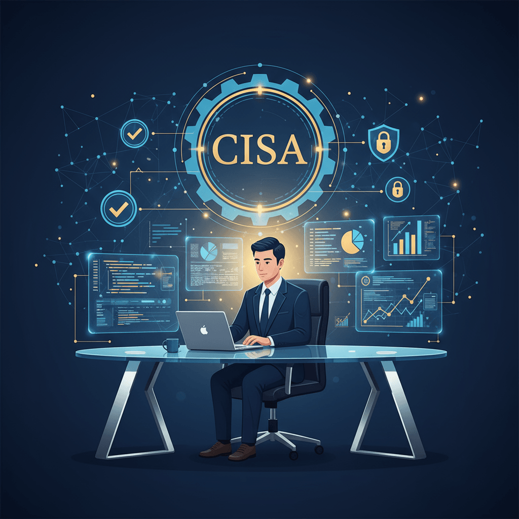 Professional IT auditor working with digital reports and audit icons representing CISA certification.