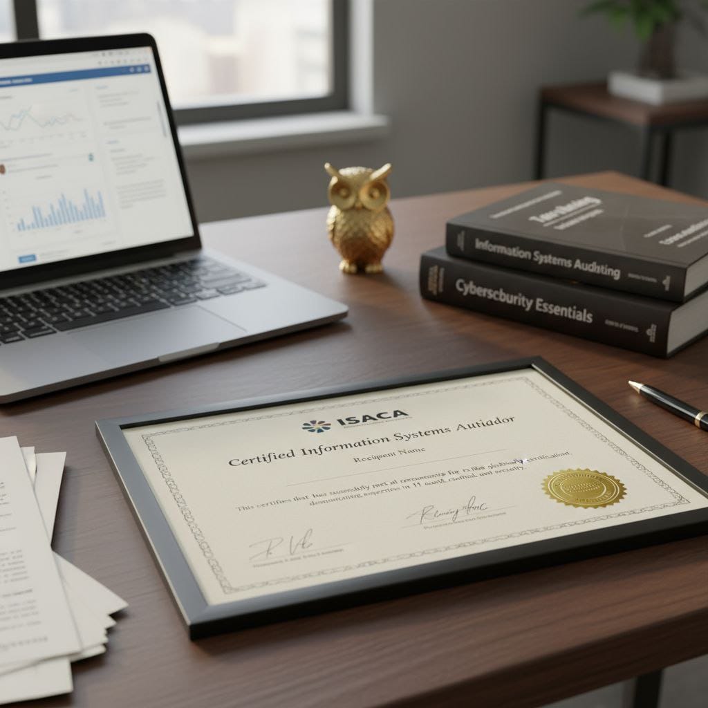 CISA certificate sample on a study desk with handwritten notes