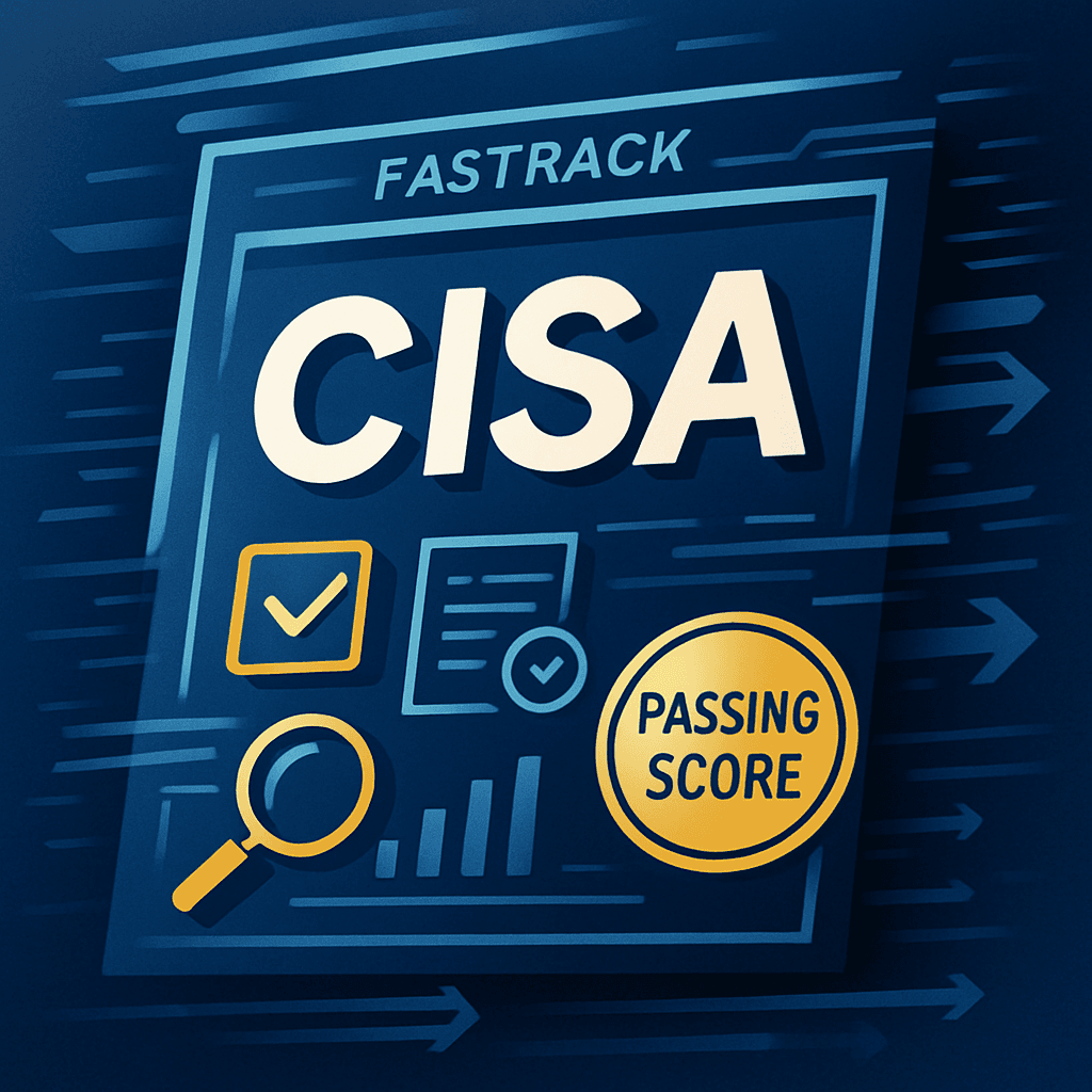 Illustration of professional analyzing digital data and career growth charts, symbolizing success with CISA Fastrack Course.
