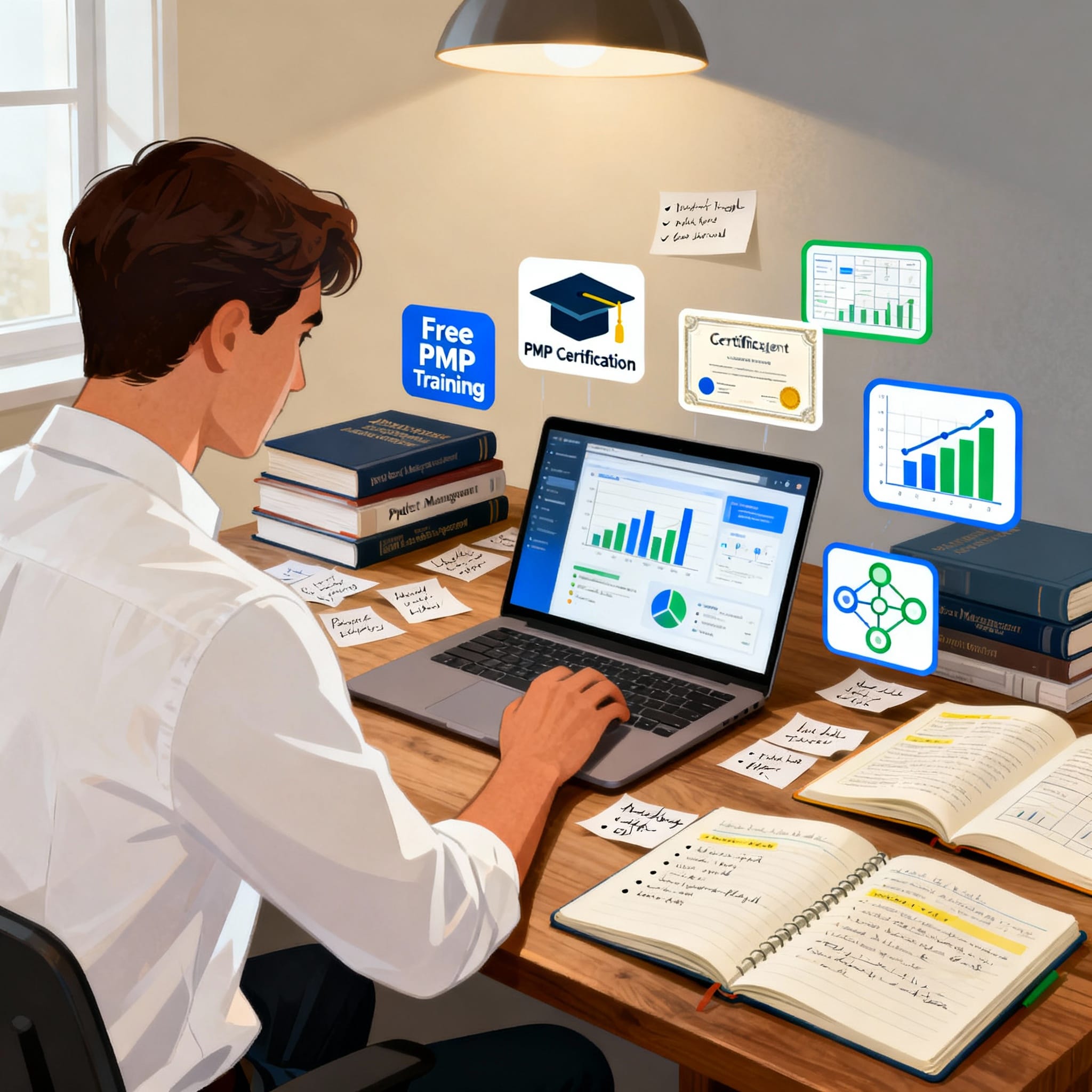 Project manager studying online for PMP certificate with books and notes
