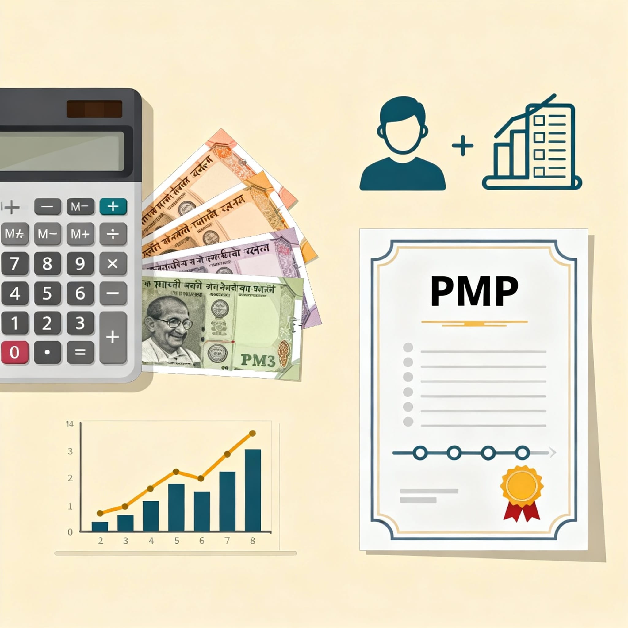 Calculator and Indian currency notes beside a PMP certificate symbol depicting PMP fees and certification costs in India 2025.